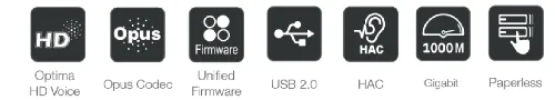 Yealink phone features — HD Voice, Opus Codec, Unified Firmware, USB 2.0, HAC, Gigabit, Paperless